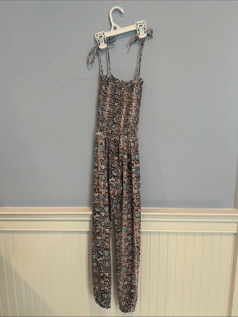 Vintage Havana Teal & Gray Snake-Print Tie-Strap Jumpsuit